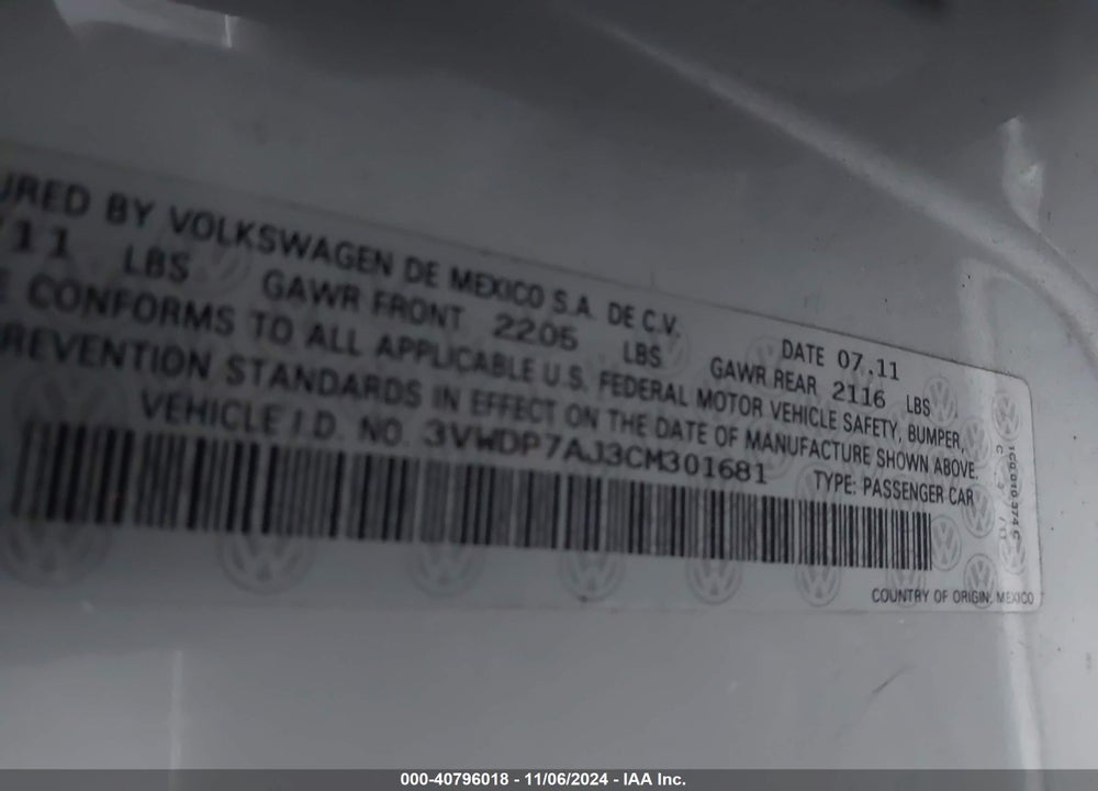 2012 VOLKSWAGEN JETTA 2.5L SE VIN: 3VWDP7AJ3CM301681