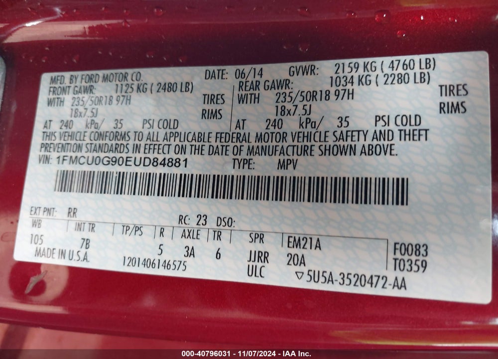 2014 FORD ESCAPE SE VIN: 1FMCU0G90EUD84881