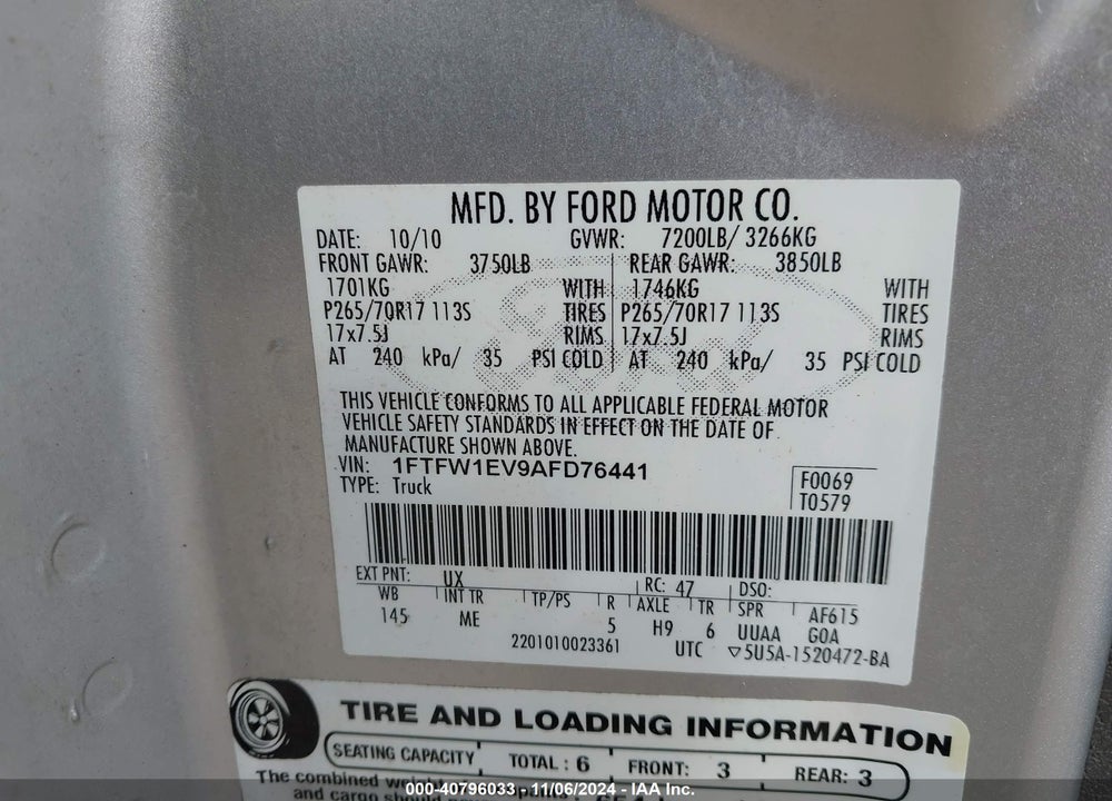 2010 FORD F-150 FX4/HARLEY-DAVIDSON/KING RANCH/LARIAT/PLATINUM/XL/XLT VIN: 1FTFW1EV9AFD76441