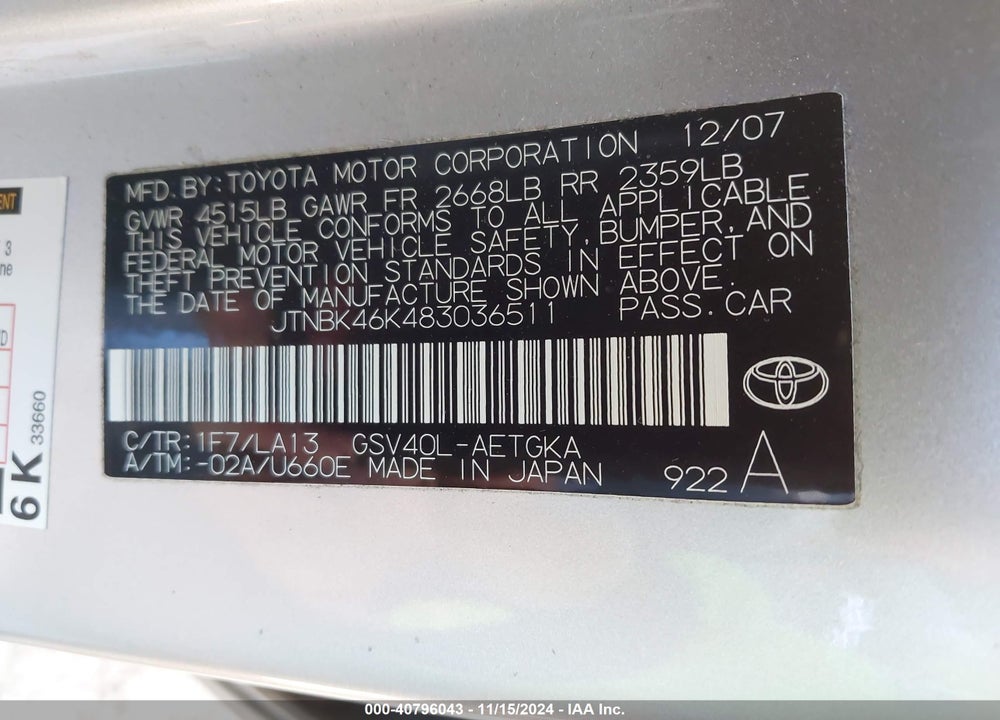 2008 TOYOTA CAMRY XLE V6 VIN: JTNBK46K483036511