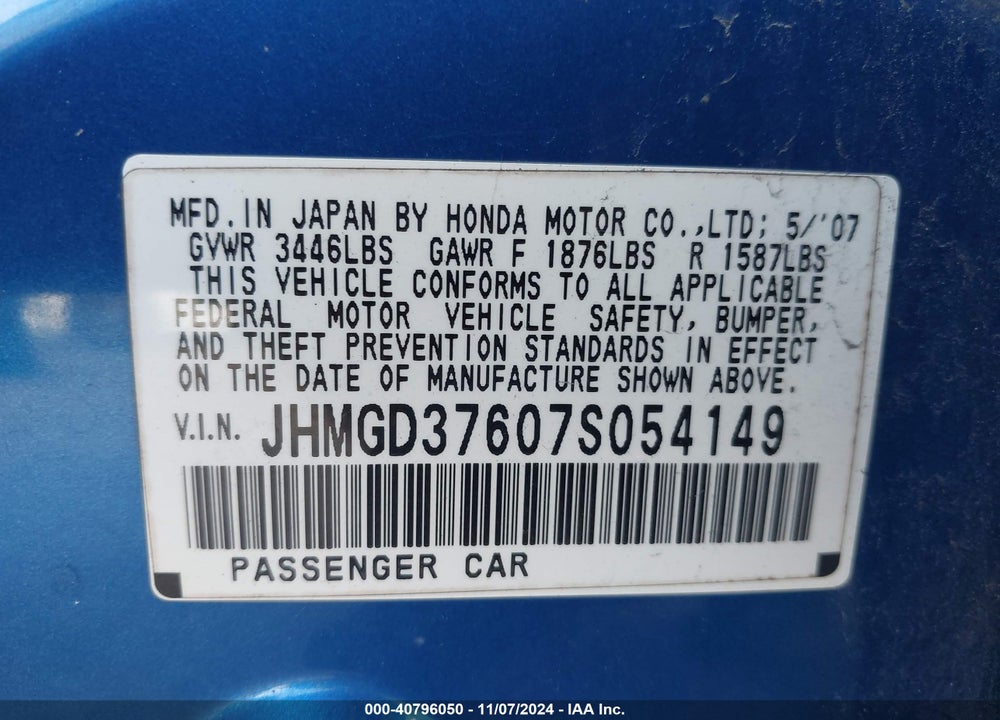 2007 HONDA FIT SPORT VIN: JHMGD37607S054149