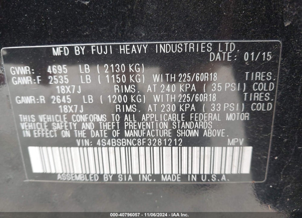 2015 SUBARU OUTBACK 2.5I LIMITED VIN: 4S4BSBNC8F3281212
