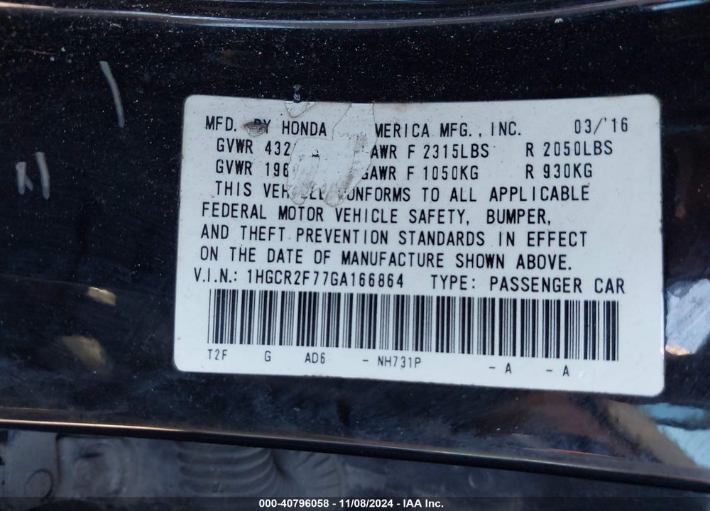 2016 HONDA ACCORD EX VIN: 1HGCR2F77GA166864