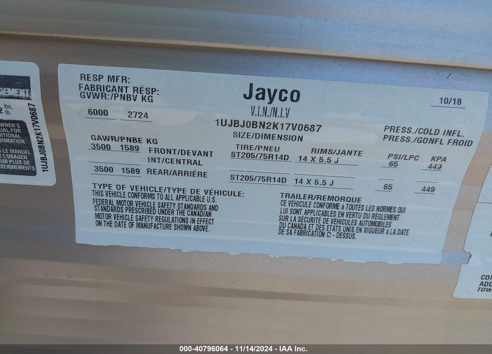 2019 OTHER JAYCO VIN: 1UJBJ0BN2K17V0687