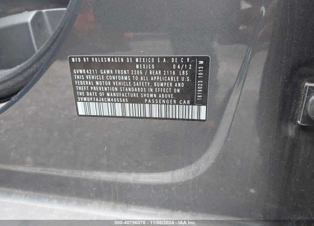 2012 VOLKSWAGEN JETTA 2.5L SE VIN: 3VWDP7AJ6CM405565