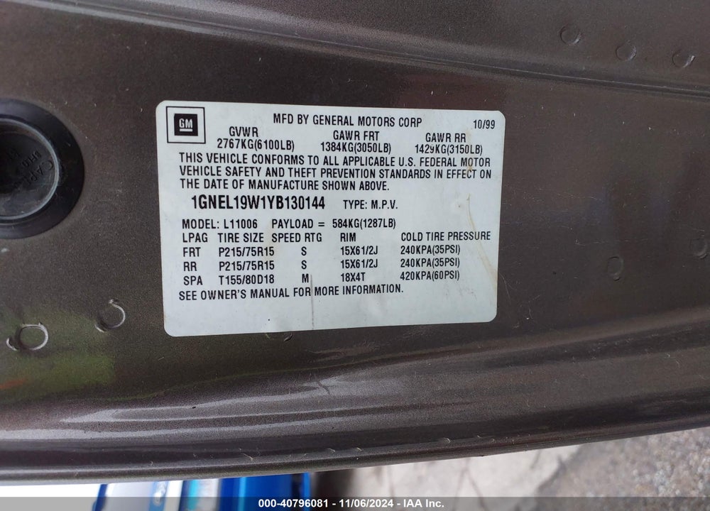 2000 CHEVROLET ASTRO VIN: 1GNEL19W1YB130144