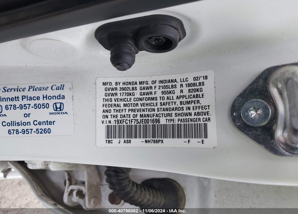 2018 HONDA CIVIC EX-L VIN: 19XFC1F75JE001696