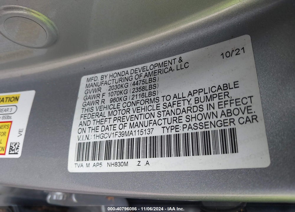 2021 HONDA ACCORD SPORT VIN: 1HGCV1F39MA115137