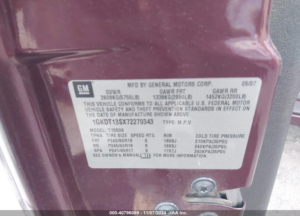 2007 GMC ENVOY SLE VIN: 1GKDT13SX72279343