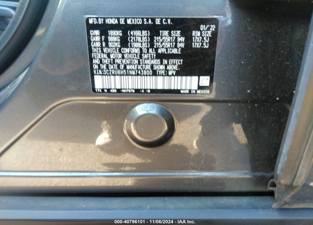 2022 HONDA HR-V AWD EX VIN: 3CZRU6H51NM743800