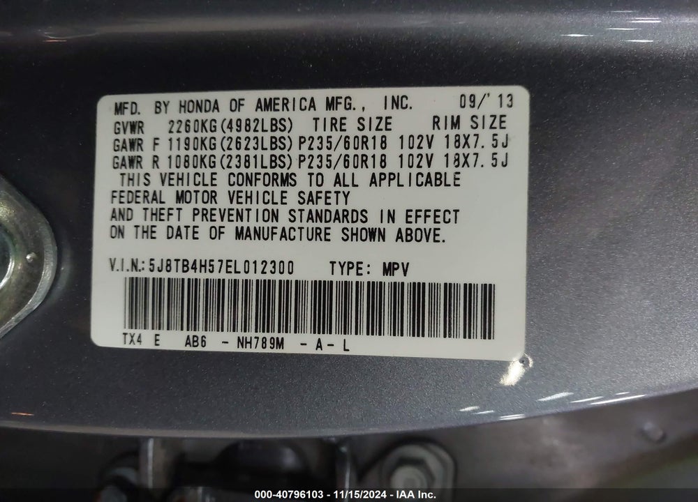2014 ACURA RDX VIN: 5J8TB4H57EL012300