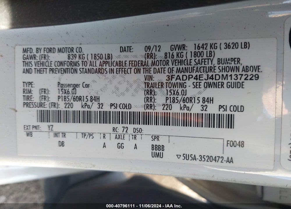 2013 FORD FIESTA SE VIN: 3FADP4EJ4DM137229