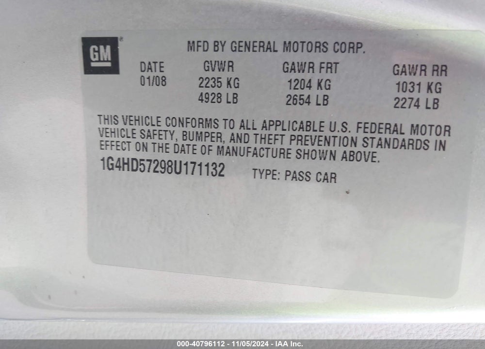 2008 BUICK LUCERNE CXL VIN: 1G4HD57298U171132