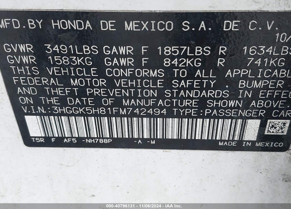 2015 HONDA FIT EX/EX-L VIN: 3HGGK5H81FM742494