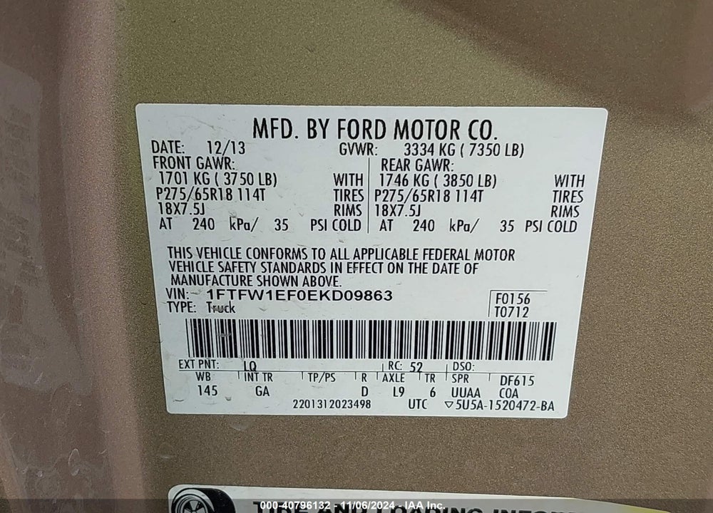 2014 FORD F-150 XLT VIN: 1FTFW1EF0EKD09863