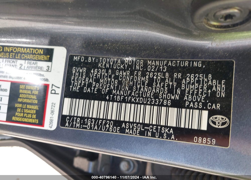 2013 TOYOTA CAMRY SE VIN: 4T1BF1FKXDU233786