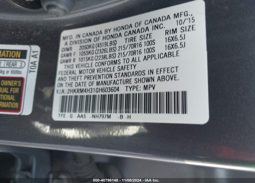 2016 HONDA CR-V LX VIN: 2HKRM4H31GH603604