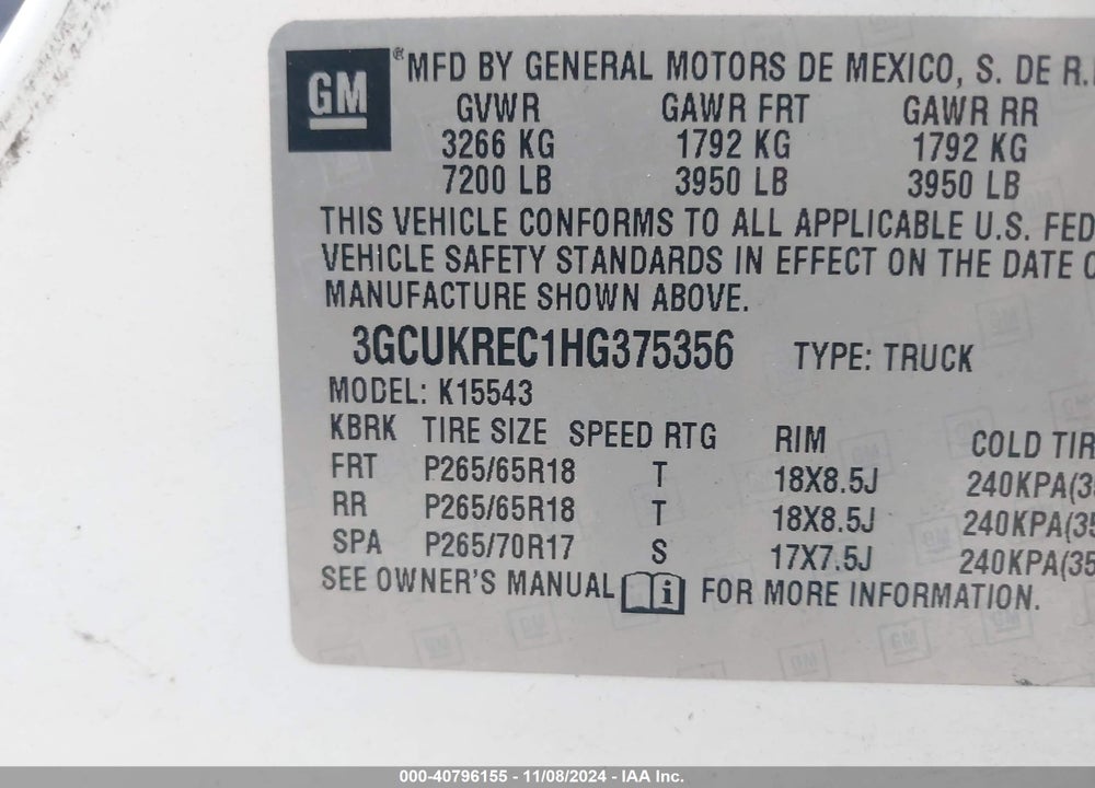 2017 CHEVROLET SILVERADO 1500 2LT VIN: 3GCUKREC1HG375356
