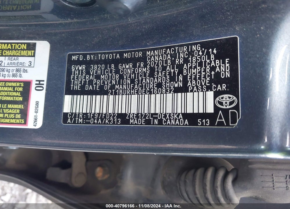 2014 TOYOTA COROLLA S PLUS VIN: 2T1BURHE0EC160832