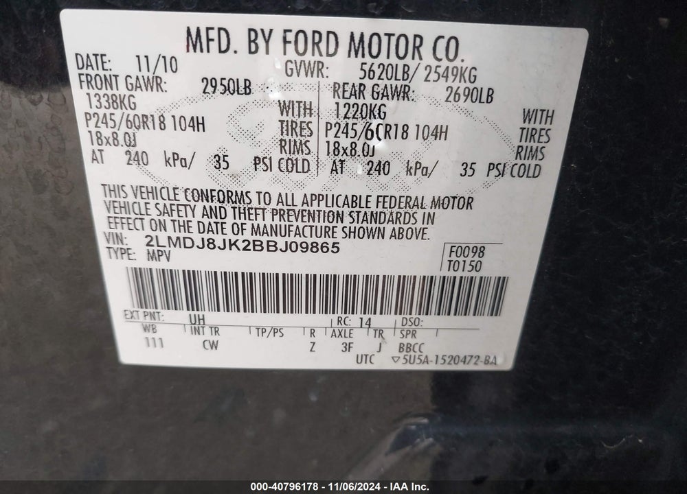 2011 LINCOLN MKX VIN: 2LMDJ8JK2BBJ09865