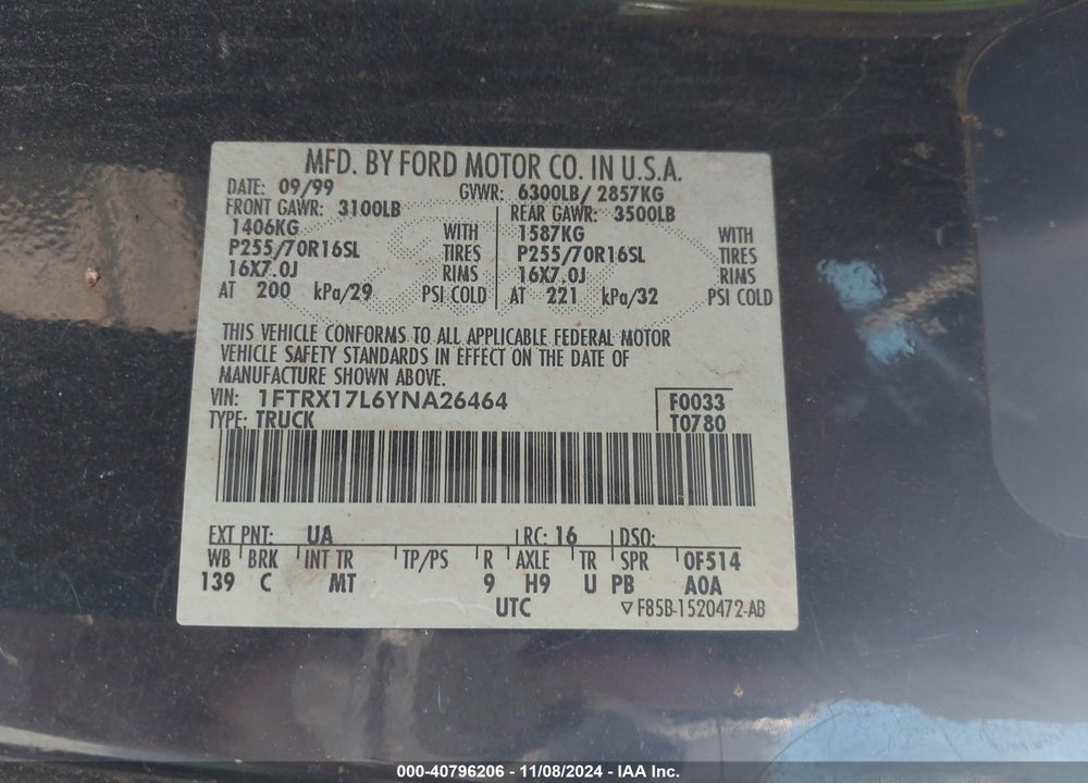 2000 FORD F-150 LARIAT/WORK SERIES/XL/XLT VIN: 1FTRX17L6YNA26464