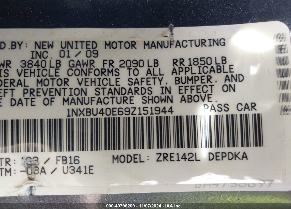 2009 TOYOTA COROLLA LE VIN: 1NXBU40E69Z151944