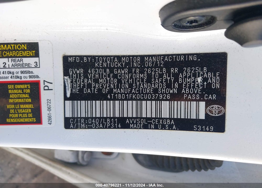2012 TOYOTA CAMRY HYBRID XLE VIN: 4T1BD1FK0CU037926
