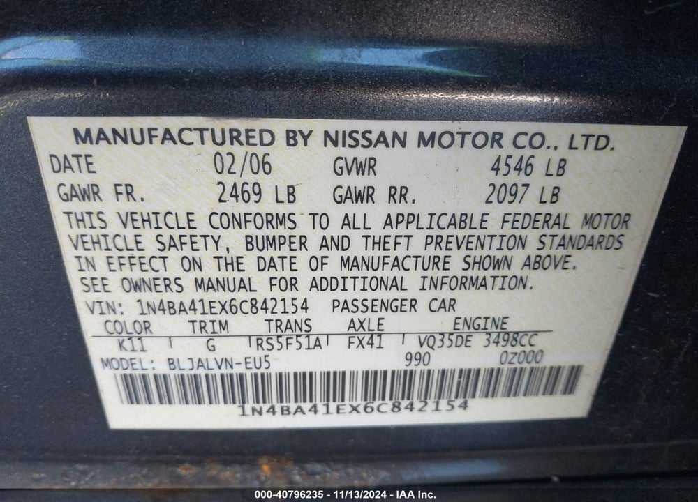 2006 NISSAN MAXIMA 3.5 SE VIN: 1N4BA41EX6C842154
