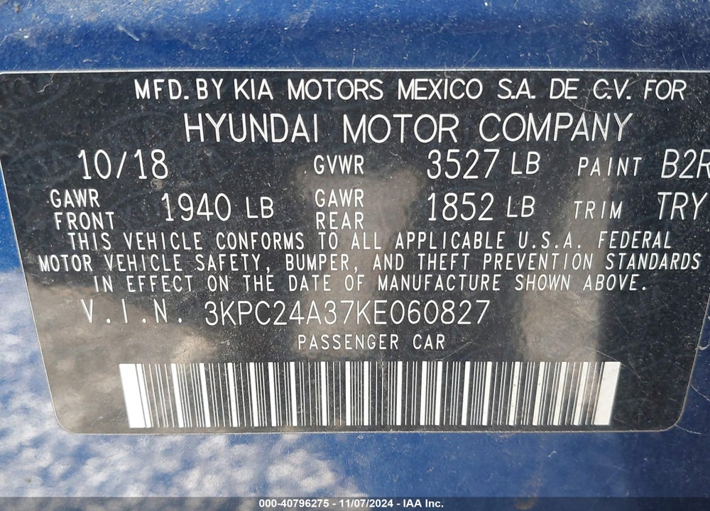 2019 HYUNDAI ACCENT SE VIN: 3KPC24A37KE060827