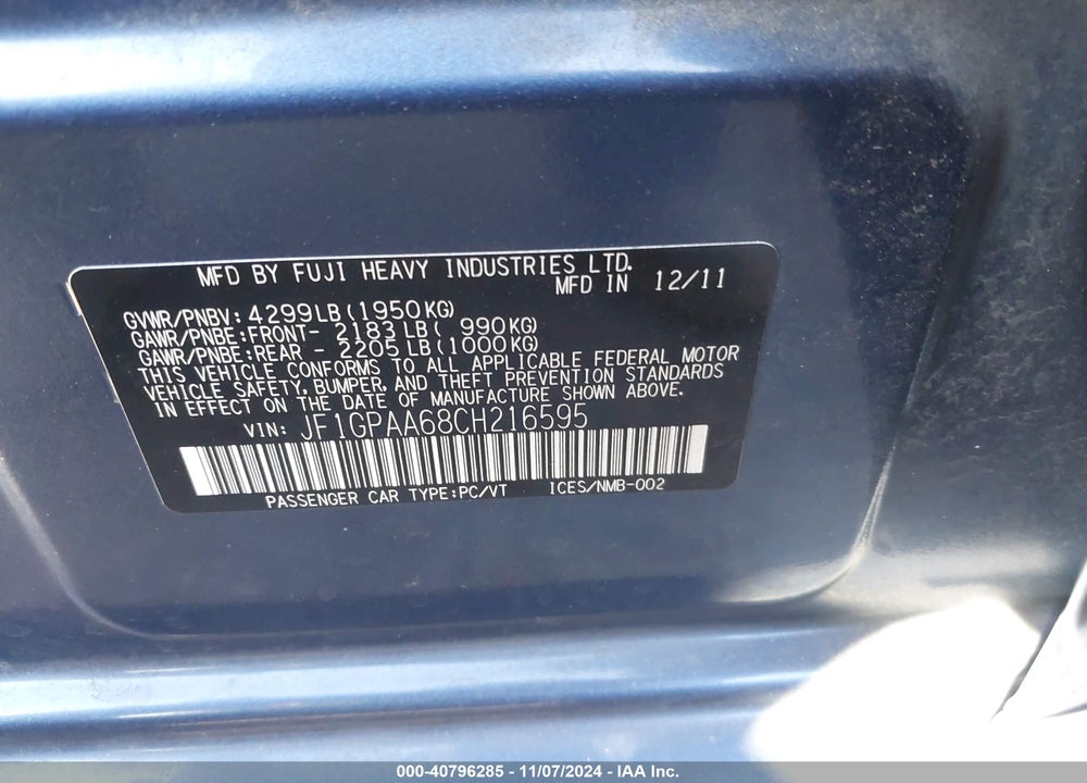2012 SUBARU IMPREZA 2.0I VIN: JF1GPAA68CH216595