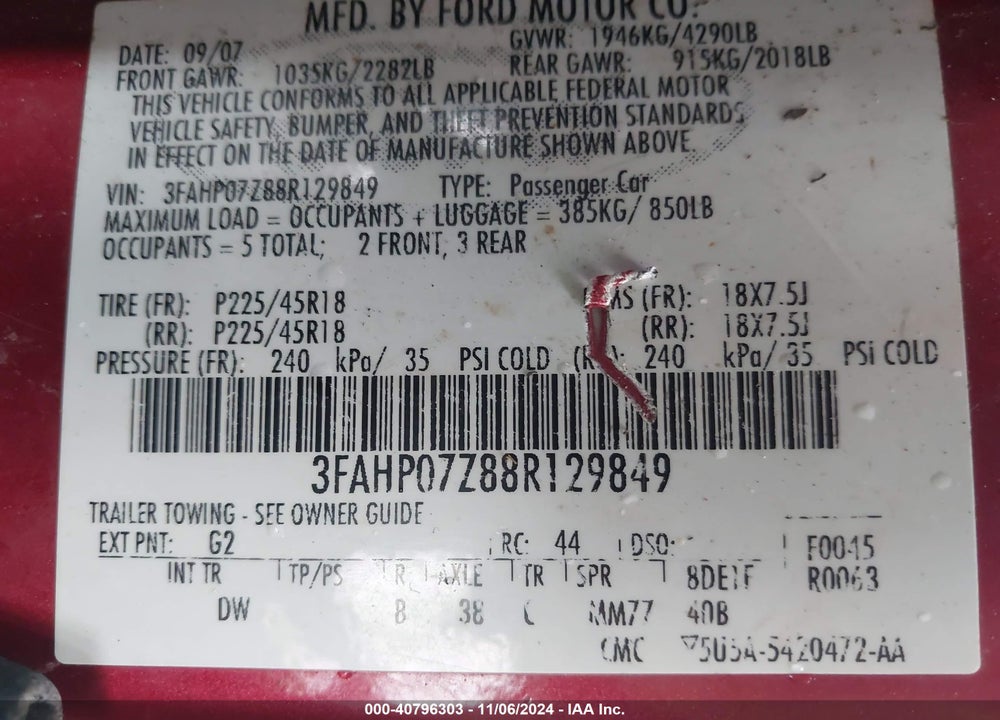 2008 FORD FUSION SE VIN: 3FAHP07Z88R129849