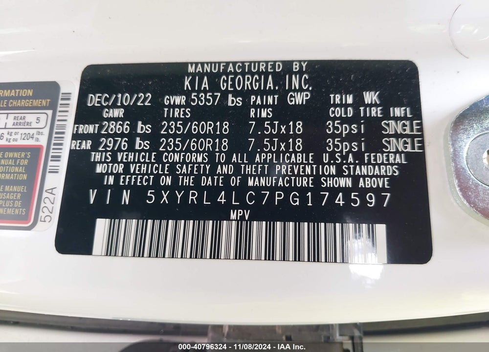 2023 KIA SORENTO VIN: 5XYRL4LC7PG174597