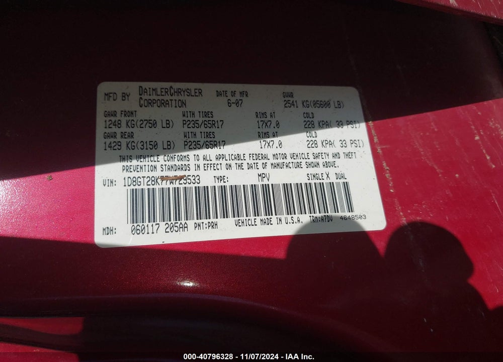 2007 DODGE NITRO SXT VIN: 1D8GT28K77W729533