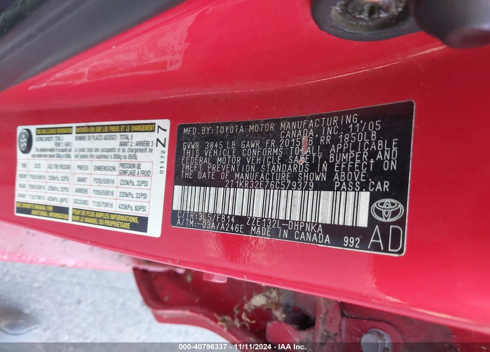 2006 TOYOTA MATRIX/XR VIN: 2T1KR32E76C579379