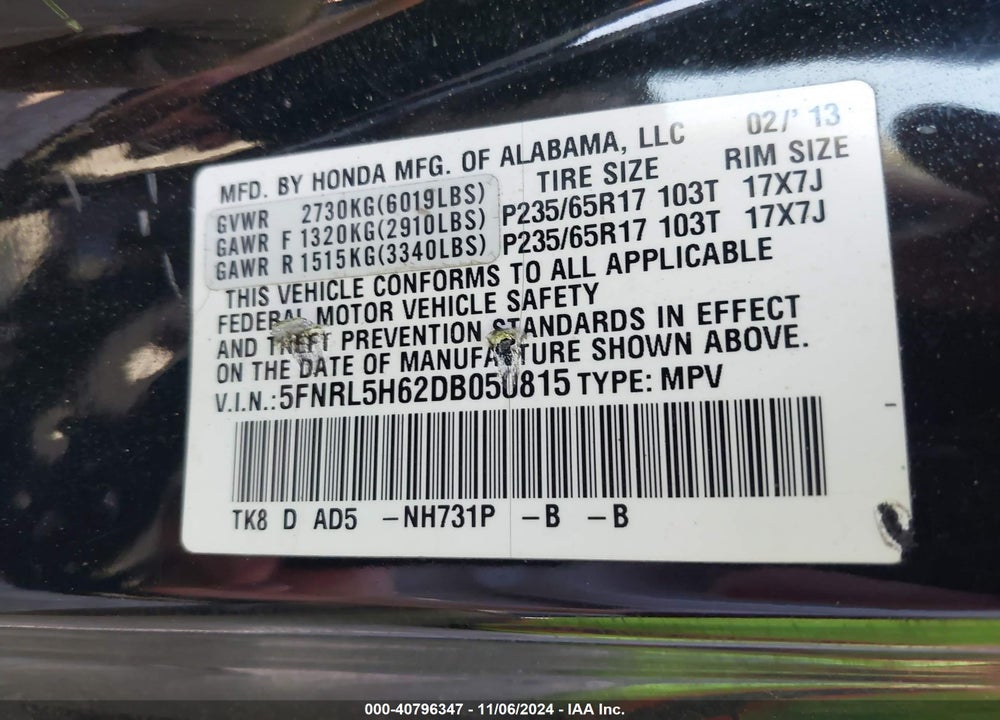 2013 HONDA ODYSSEY EX-L VIN: 5FNRL5H62DB050815