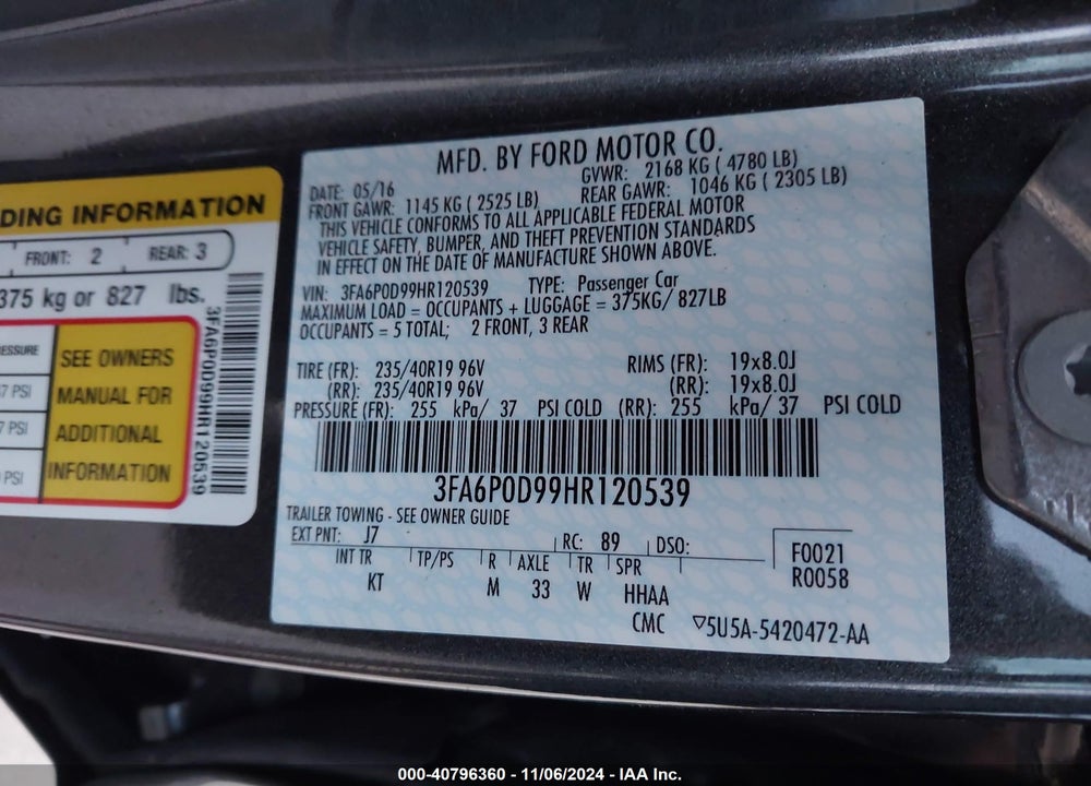 2017 FORD FUSION TITANIUM VIN: 3FA6P0D99HR120539