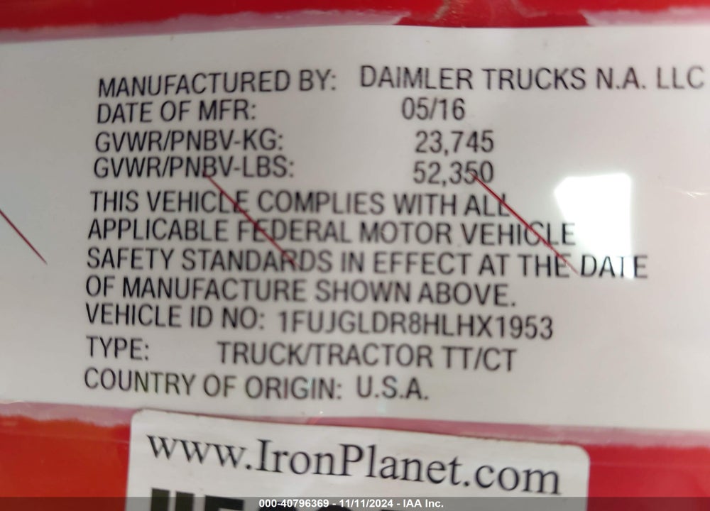 2017 FREIGHTLINER CASCADIA 125 VIN: 1FUJGLDR8HLHX1953