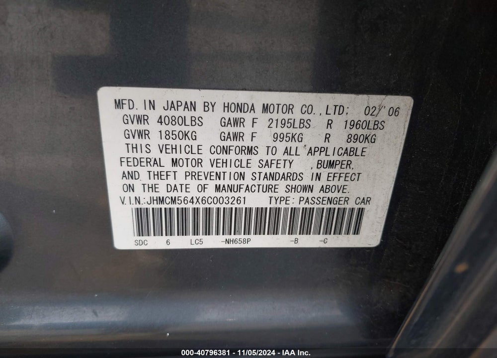 2006 HONDA ACCORD 2.4 LX VIN: JHMCM564X6C003261