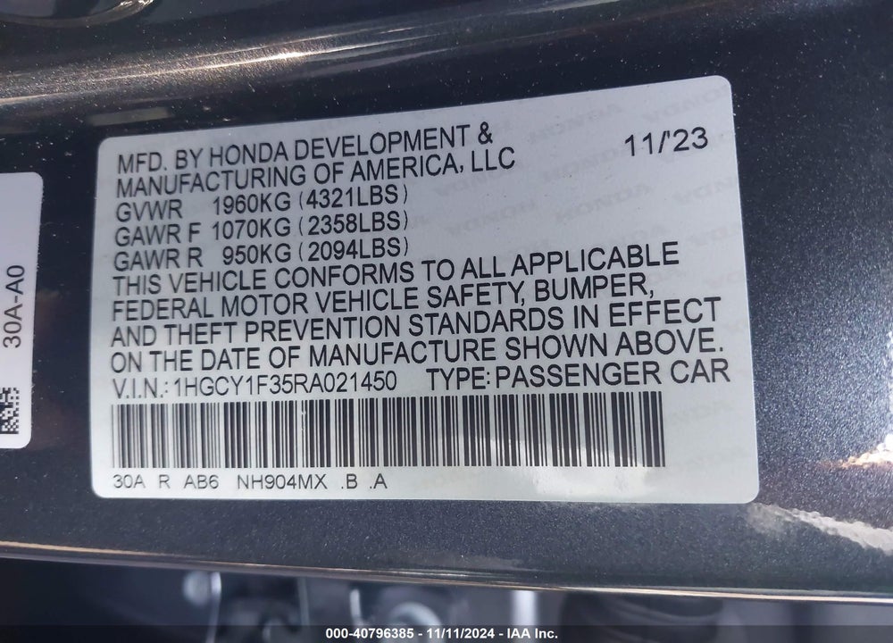 2024 HONDA ACCORD EX VIN: 1HGCY1F35RA021450