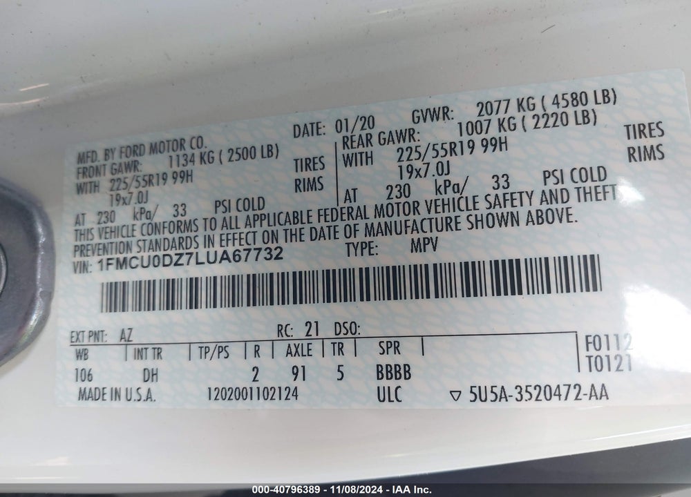 2020 FORD ESCAPE TITANIUM HYBRID VIN: 1FMCU0DZ7LUA67732