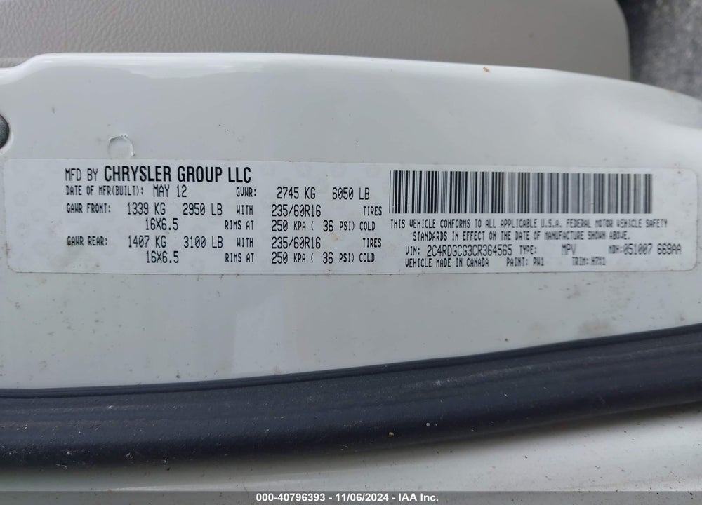 2012 DODGE GRAND CARAVAN SXT VIN: 2C4RDGCG3CR364565