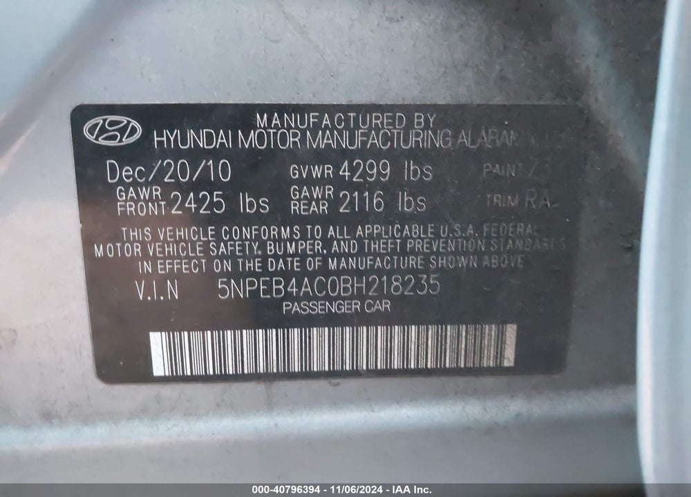 2011 HYUNDAI SONATA GLS VIN: 5NPEB4AC0BH218235