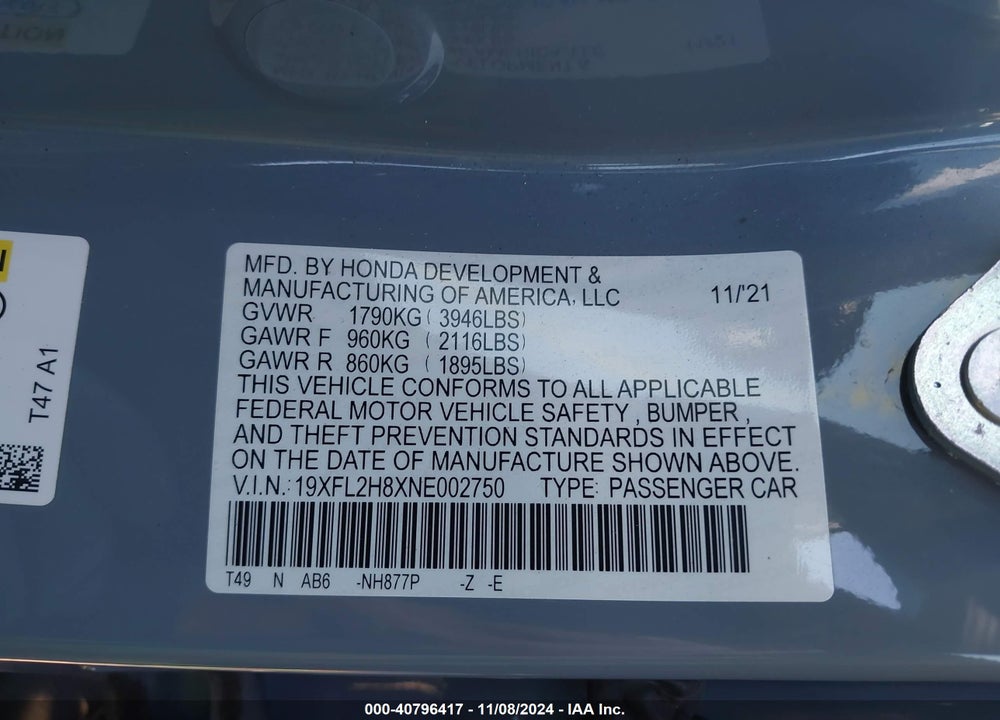 2022 HONDA CIVIC SPORT VIN: 19XFL2H8XNE002750