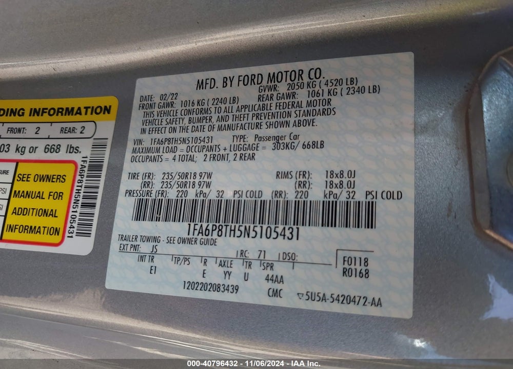 2022 FORD MUSTANG ECOBOOST PREMIUM VIN: 1FA6P8TH5N5105431