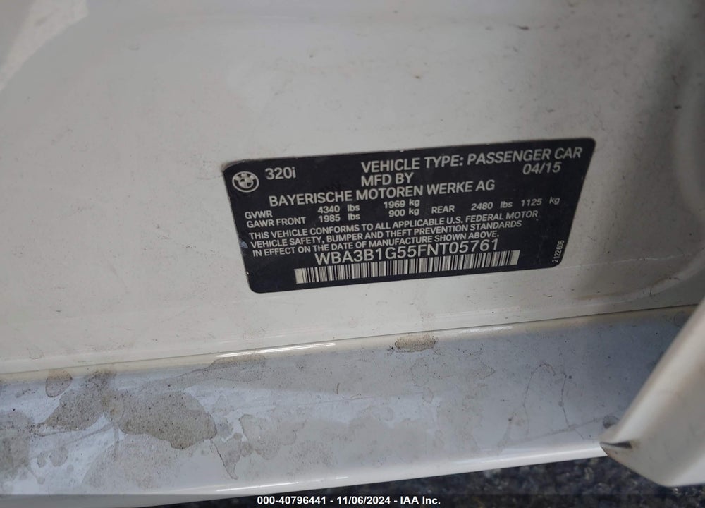 2015 BMW 320I VIN: WBA3B1G55FNT05761