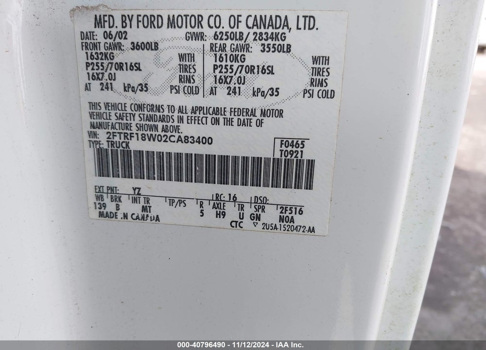 2002 FORD F-150 XL/XLT VIN: 2FTRF18W02CA83400