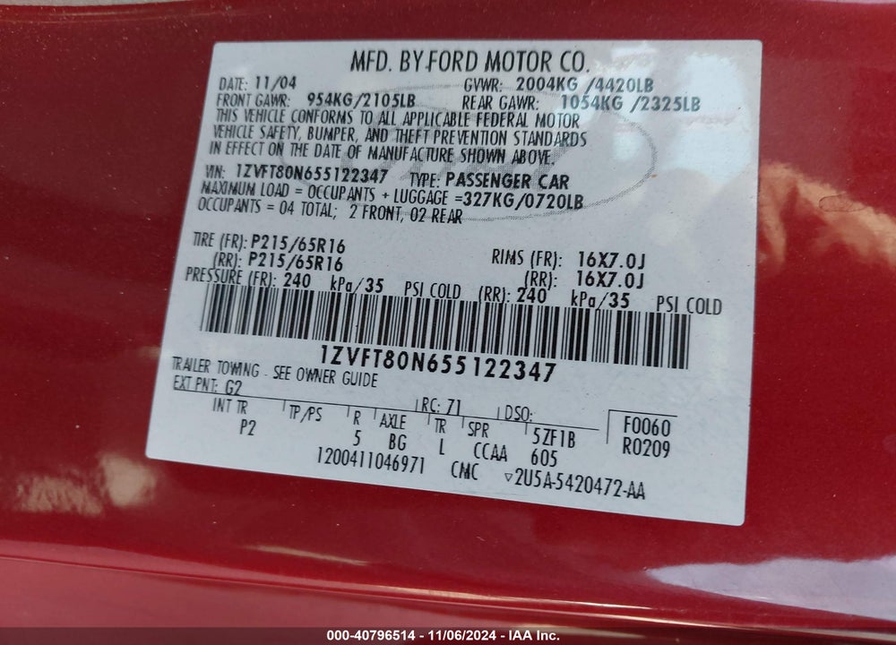 2005 FORD MUSTANG V6 DELUXE/V6 PREMIUM VIN: 1ZVFT80N655122347
