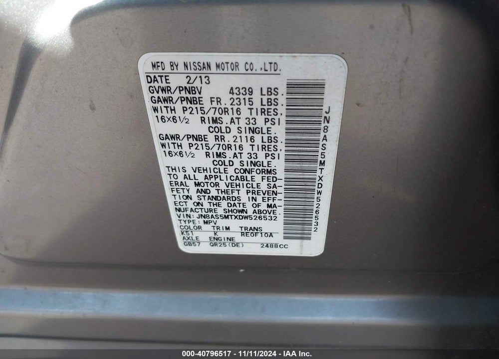2013 NISSAN ROGUE S VIN: JN8AS5MTXDW526532