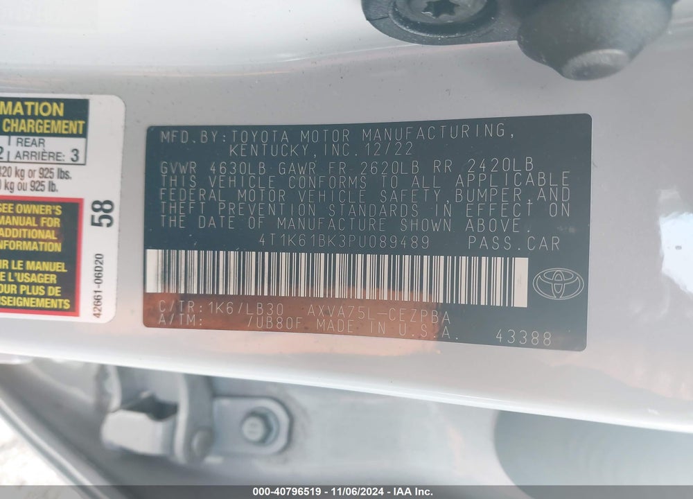 2023 TOYOTA CAMRY VIN: 4T1K61BK3PU089489