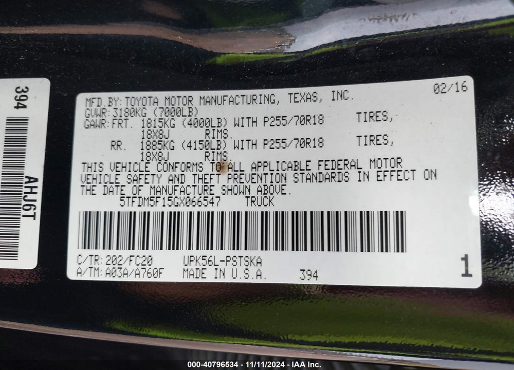 2016 TOYOTA TUNDRA SR5 4.6L V8 VIN: 5TFDM5F15GX066547